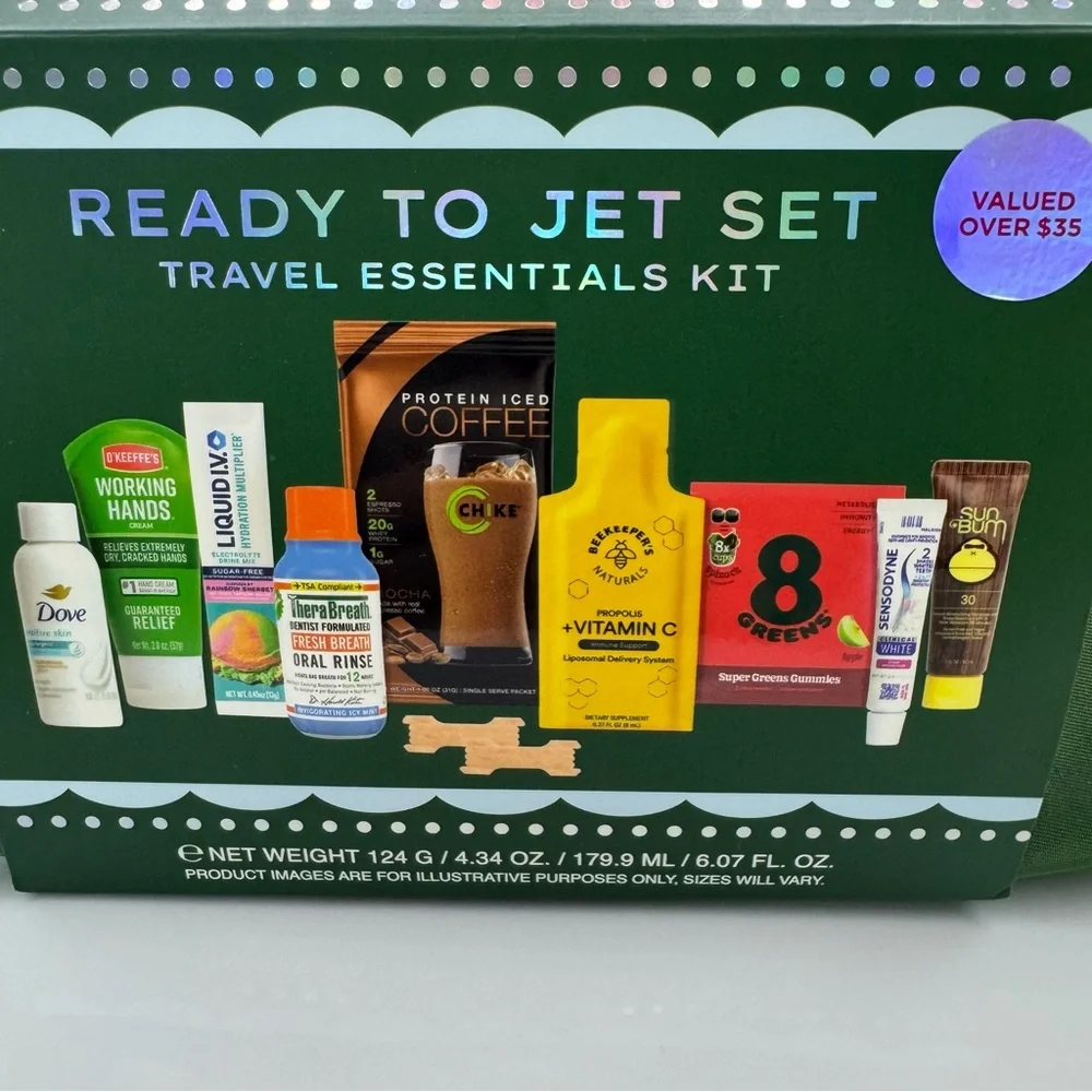 New! Ready To Jet Set Travel Essentials Kit Green Carry Case- Set